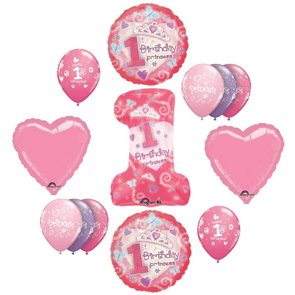 First 1st #1 Princess Pink Purple Happy Birthday 11 Piece Balloon Bouquet Party Decoration