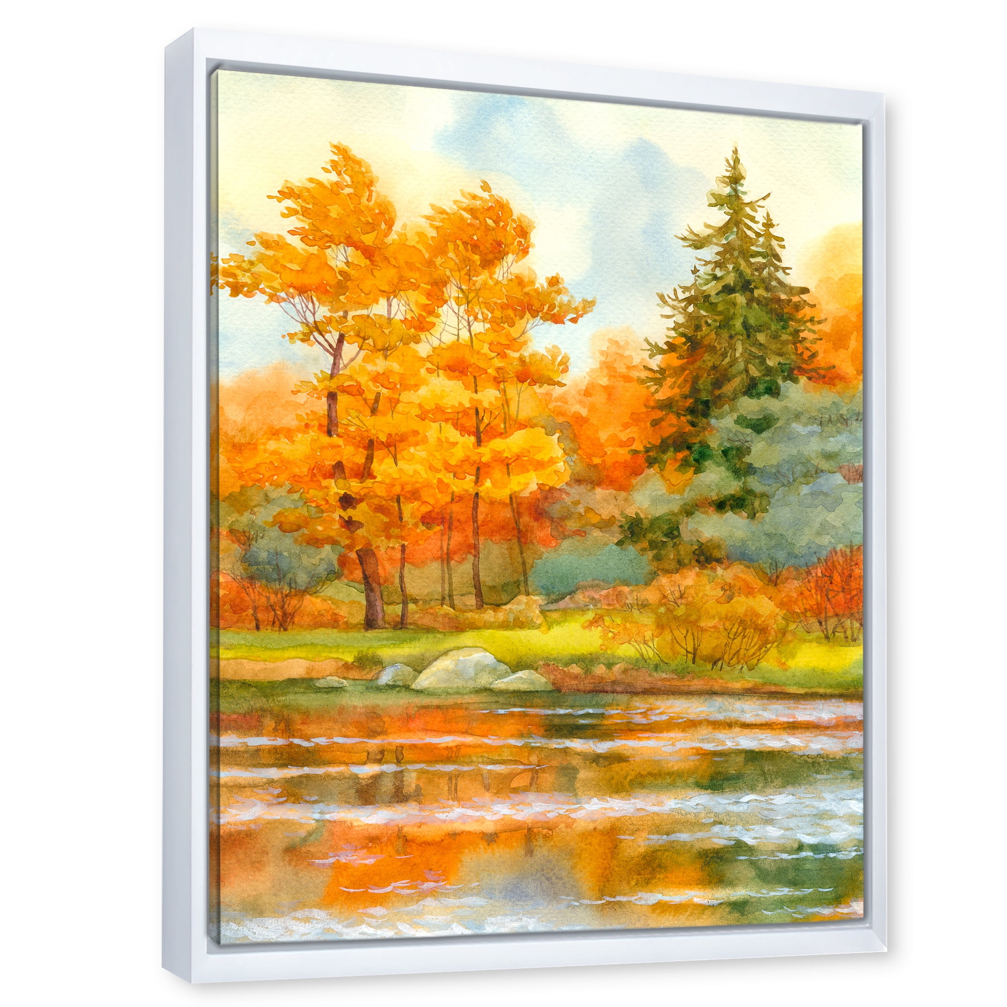 Designart 'Autumn Forest By The Lake Side IV' Lake House Framed Canvas Wall Art Print