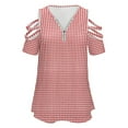 thumbnail image 4 of Red Gingham Check Womens Summer V Neck Zipper Top Short Sleeve T Shirt Off Shoulder Top Casual Classy Loose Shirts, 4 of 7