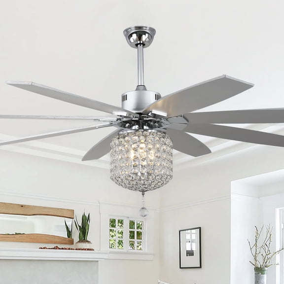Bella Depot 65" Luxury Silver Crystal Ceiling Fan 6-Speed Reversible Chandelier With Light and Remote Control