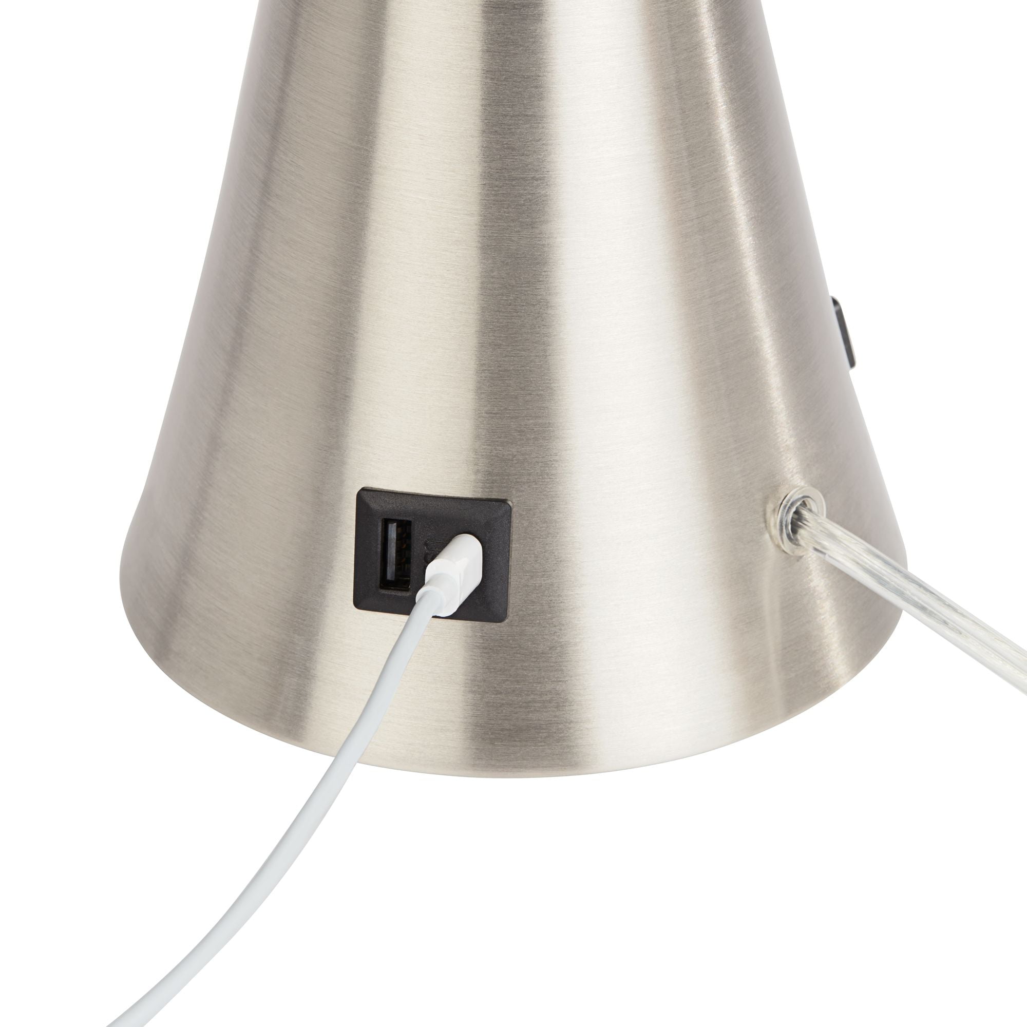 360 Lighting Karl Modern Table Lamps 27 1/2" Tall Set of 2 Brushed Nickel with USB and Outlet White Drum Shade for Bedroom Living Room House Bedside