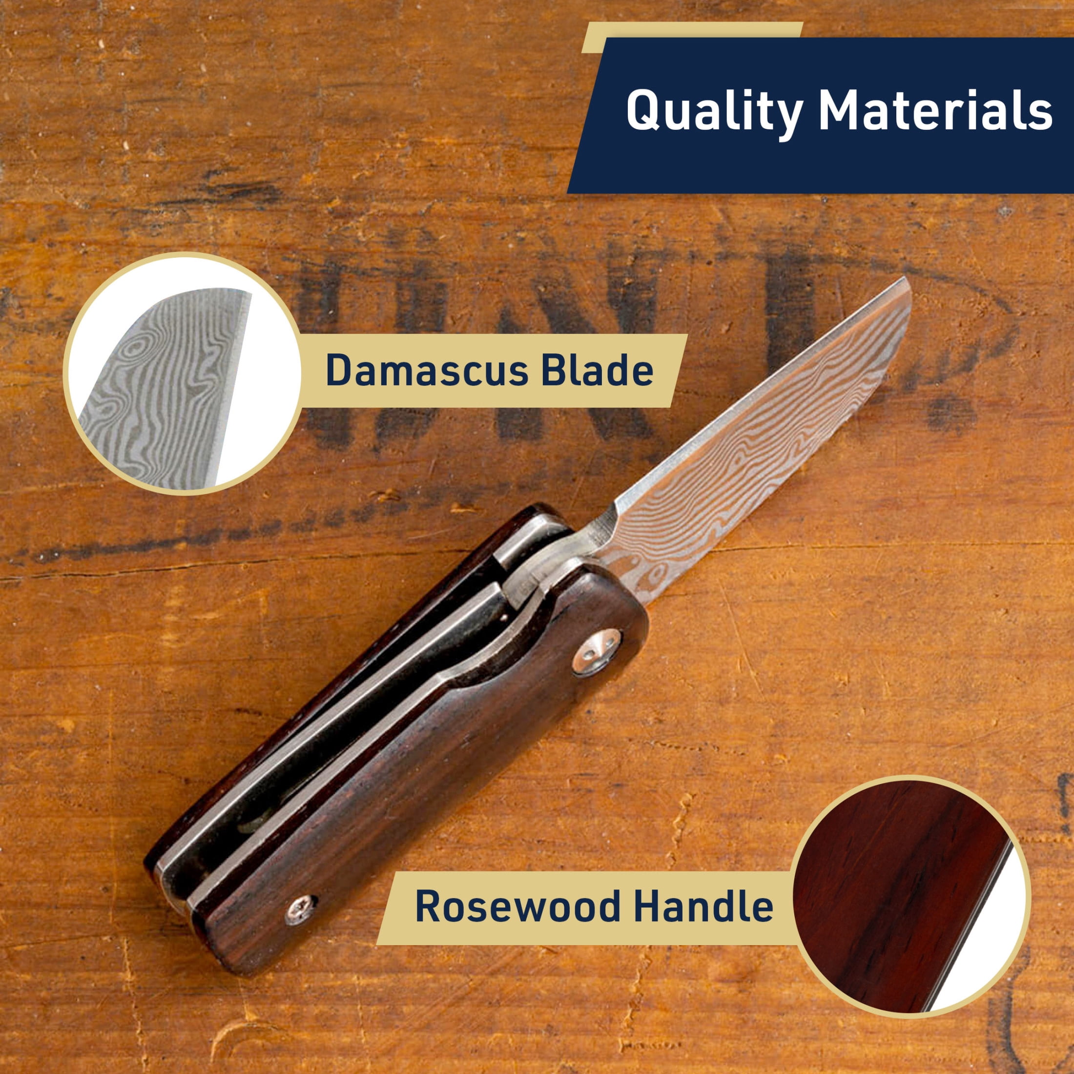 Kings County Tools 3.75” EDC Small Pocket Knife with 1.5” Damascus Steel Blade and Rosewood Handle