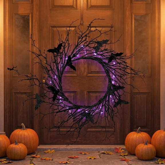 22.4 Inch Black Twig Halloween Wreath with Glitter Bats,Spooky Gothic Bare Branch Wreath,Front Door Wall Hanging Ornament for Porch Window Halloween Party Home Decor