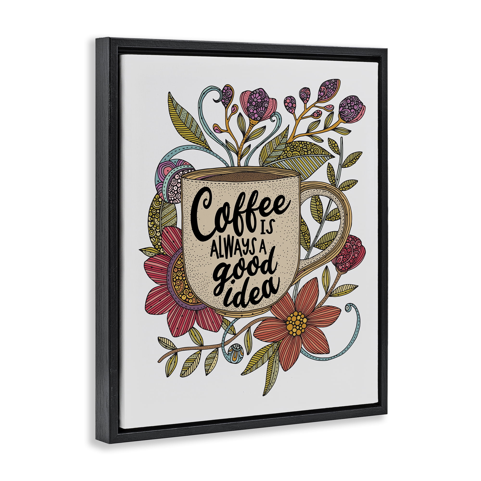Stupell Industries Floral Coffee Good Idea Food & Beverage Painting Black Floater Framed Art Print Wall Art, 17 x 21