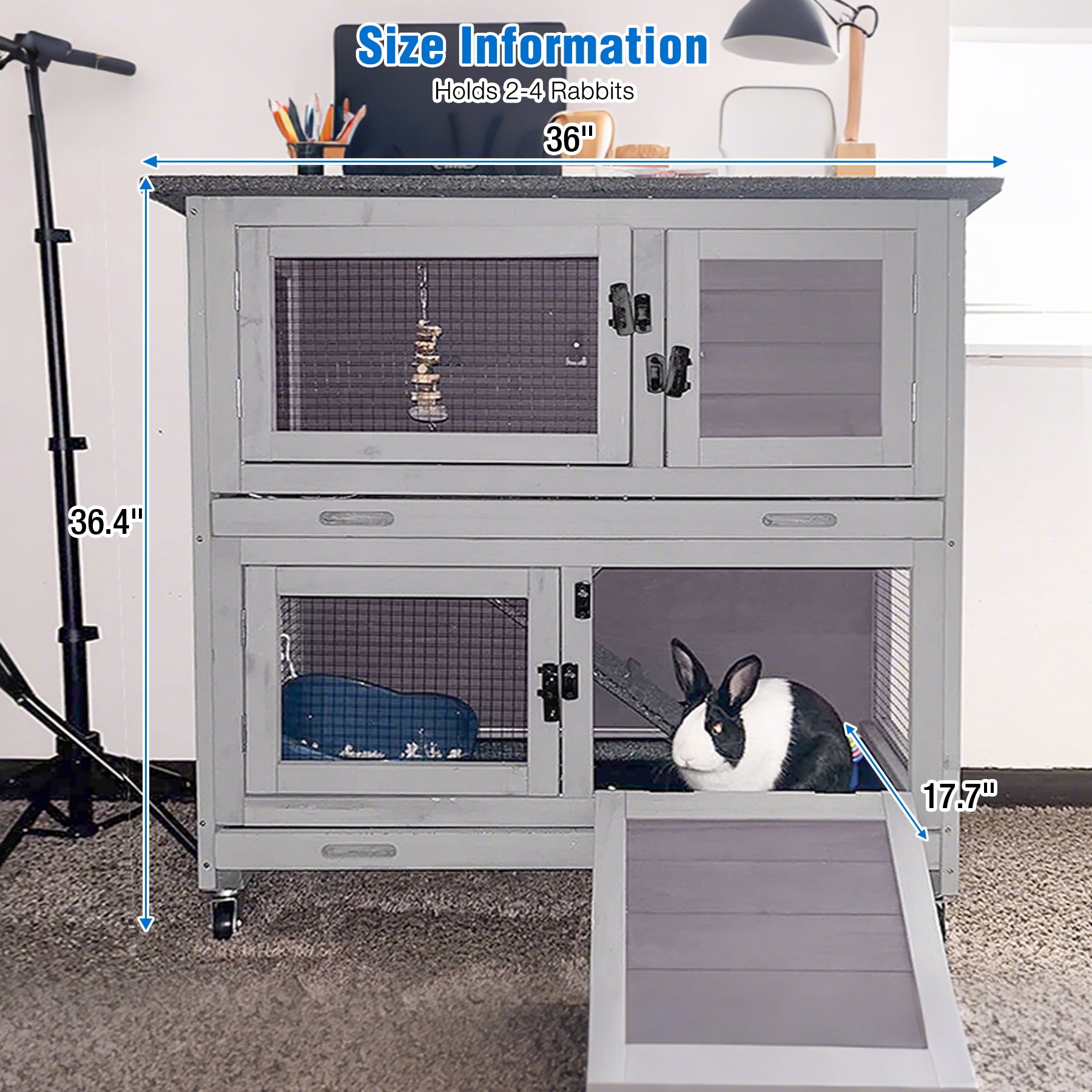 Suumerpety Wooden Rabbit Hutch on Wheels Indoor Outdoor Rabbit Cage 2 Story Bunny Hutch with Leakproof Tray Anti Chew Ramp 36"L Guinea Pig Cage Gray