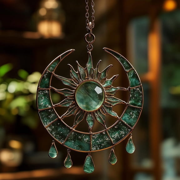 Emerald Crescent Sun And Moon Acrylic Suncatcher – Celestial Faux Stained Glass Window Hanging With Crystal Drop, Halloween Decor Ornament
