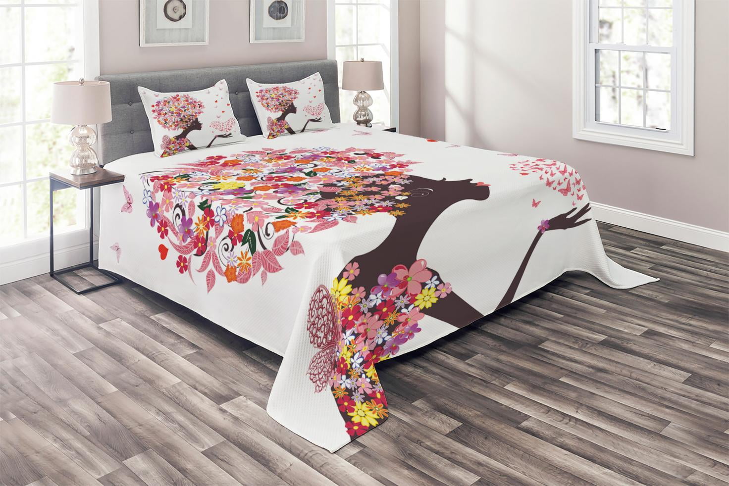 Butterflies Coverlet Set Queen Size, Girl with a Heart of Butterflies Enjoying Blossoms