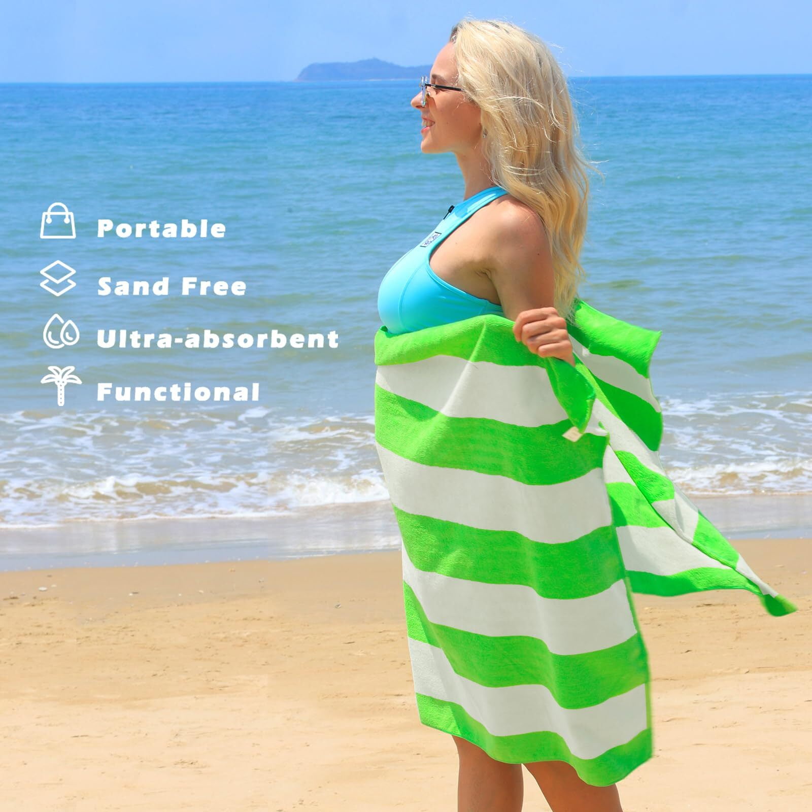 Exclusivo Mezcla 4-Pack Large Cabana Stripe Lightweight Soft Microfiber Beach Towels, Highly Absorbent Travel Pool Towel(Light Green,30"x60")