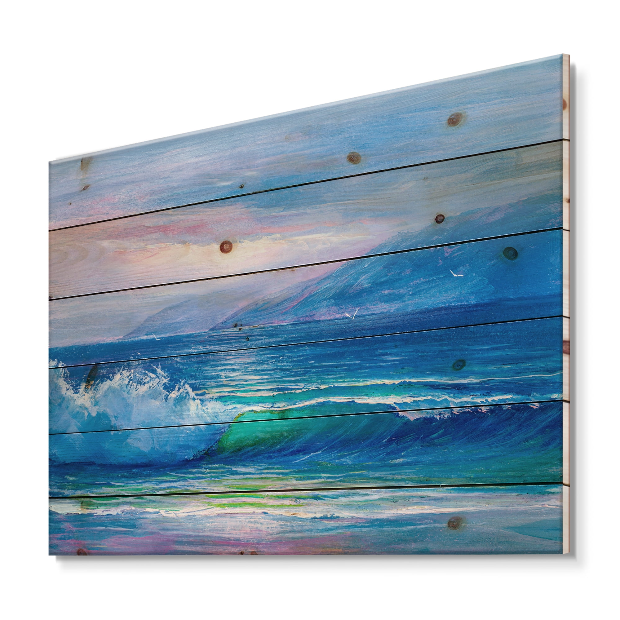Designart 'Blue Waves Breaking At The Beach Landscape II' Nautical & Coastal Print on Natural Pine Wood