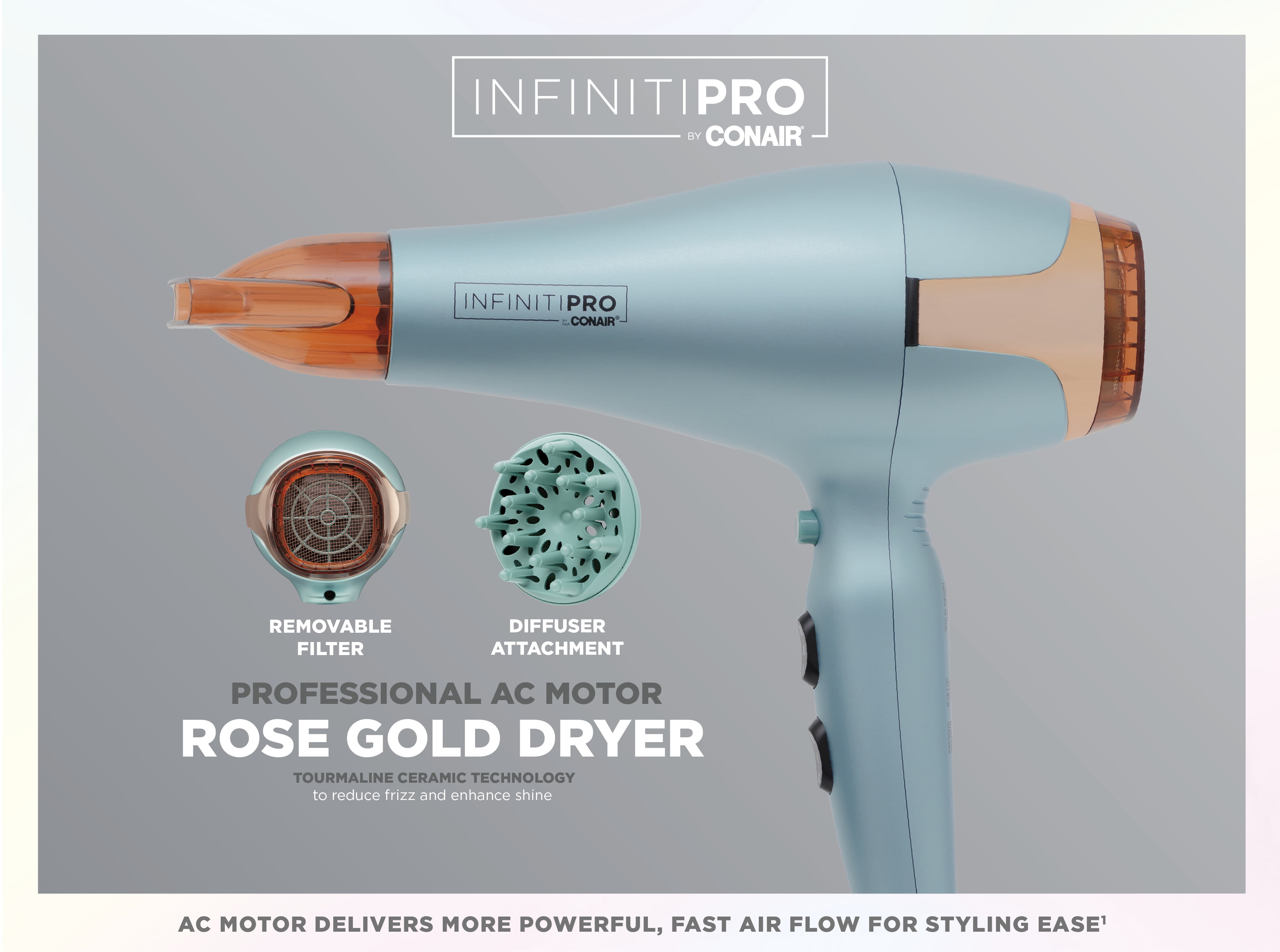 Inifintipro by Conair ® 1875 Watt Tourmaline Ceramic Professional AC Motor Rose Gold Dryer - gifts for her, Hair Dryer