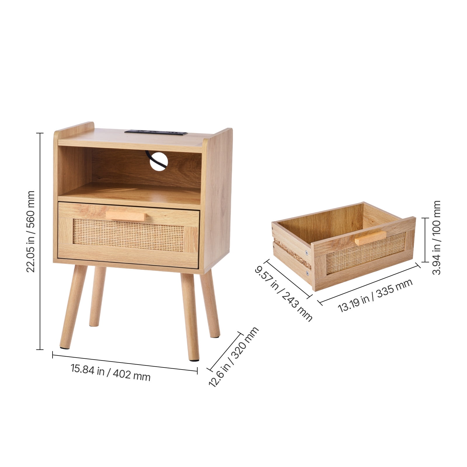 KFFKFF Wicker Nightstand, Chic Bedside Stand with Drawer and Open Shelf, Wooden End Table with Sturdy Wood Legs, Wicker Accent Table with Power Outlet, Suitable for Bedroom, Office & Lounge