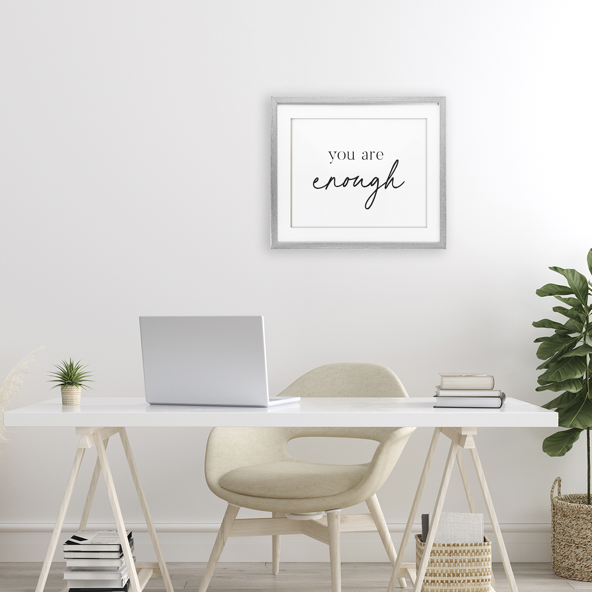 You Are Enough Sentiment Gray Framed Print Under Glass, design by Lettered and Lined