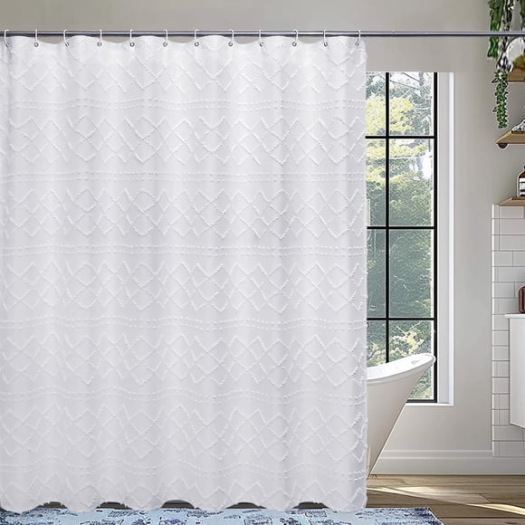 Rideau de Douche en Tissu Blanc 72x72 Pouces, Ensemble de Rideaux de Douche à Rayures à Carreaux Boho Capitonnés pour Salle de Bain, Rideau de Douche en Tissu Texturé Chic