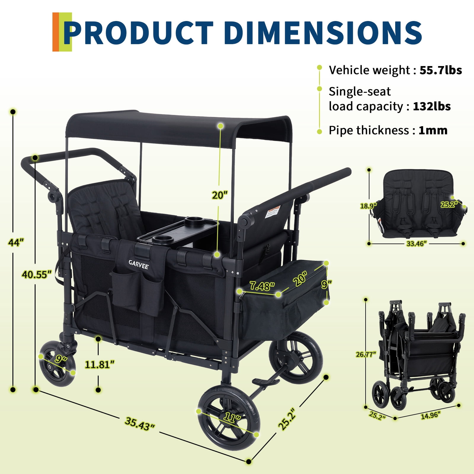 4-Seater Kids Wagon Stroller with Canopy, Foldable Push & Pull Wagon with 5-Point Safety Harness, 360° Wheels, Large Storage Bag, Heavy Duty Outdoor Wagon for Camping, Beach & Garden (Black)