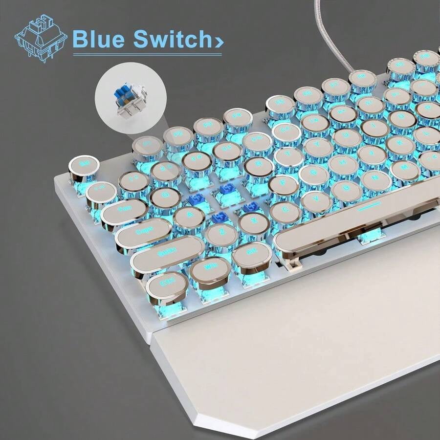 XX Typewriter Mechanical Gaming Keyboard, Retro Black Punk Round Keycaps RGB Rainbow Backlit Wired Keyboards For Laptop PC Gamer, With Magnetic Wrist Rest - Blue Switch