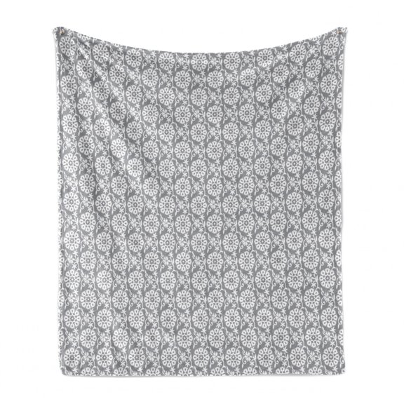 Grey and White Soft Flannel Fleece Throw Blanket, Rich Royal Victorian Garden Pattern Petals and Leaves Antique Look, Cozy Plush for Indoor and Outdoor Use, 60" x 80", Grey White, by Ambesonne