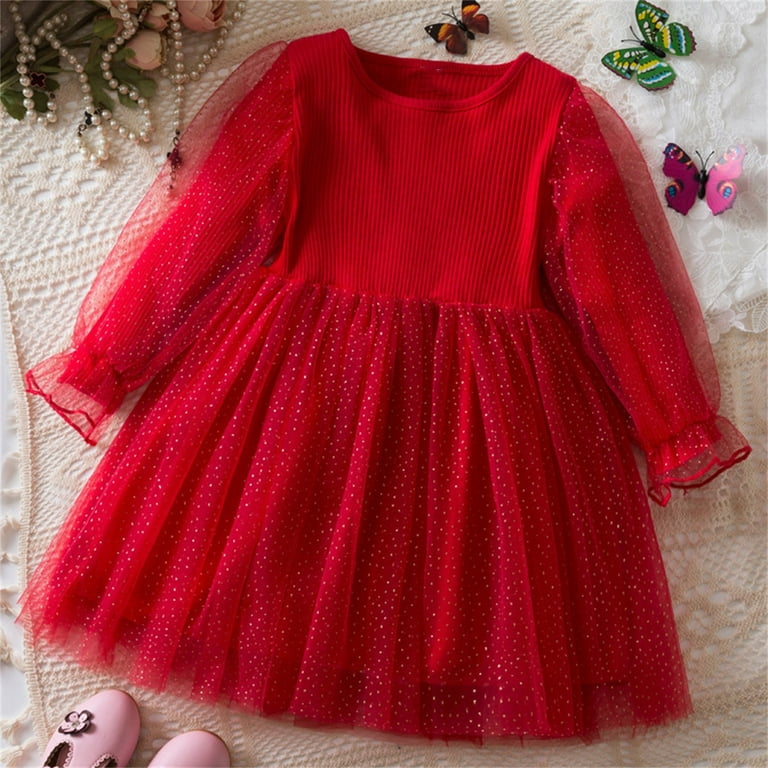 FamilyThread Girls Knitted Dress Long Sleeve With Ruffle Crewneck Fluffy  Dress Mesh Casual Tutu Dresses For 2-8Y - Walmart.com