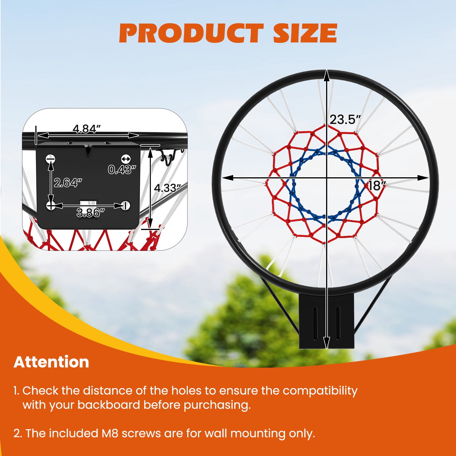 Patiojoy 18" Standard Basketball Rim Replacement for Most Backboards Shock-absorbing Springs & Weather-resistant Net Black