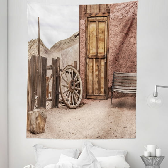 Barn Wood Wagon Wheel Tapestry, Abandoned Old Farmhouse Doorway Traditional Rustic Outdoors, Fabric Wall Hanging Decor for Bedroom Living Room Dorm, 5 Sizes, Umber Pale Brown, by Ambesonne