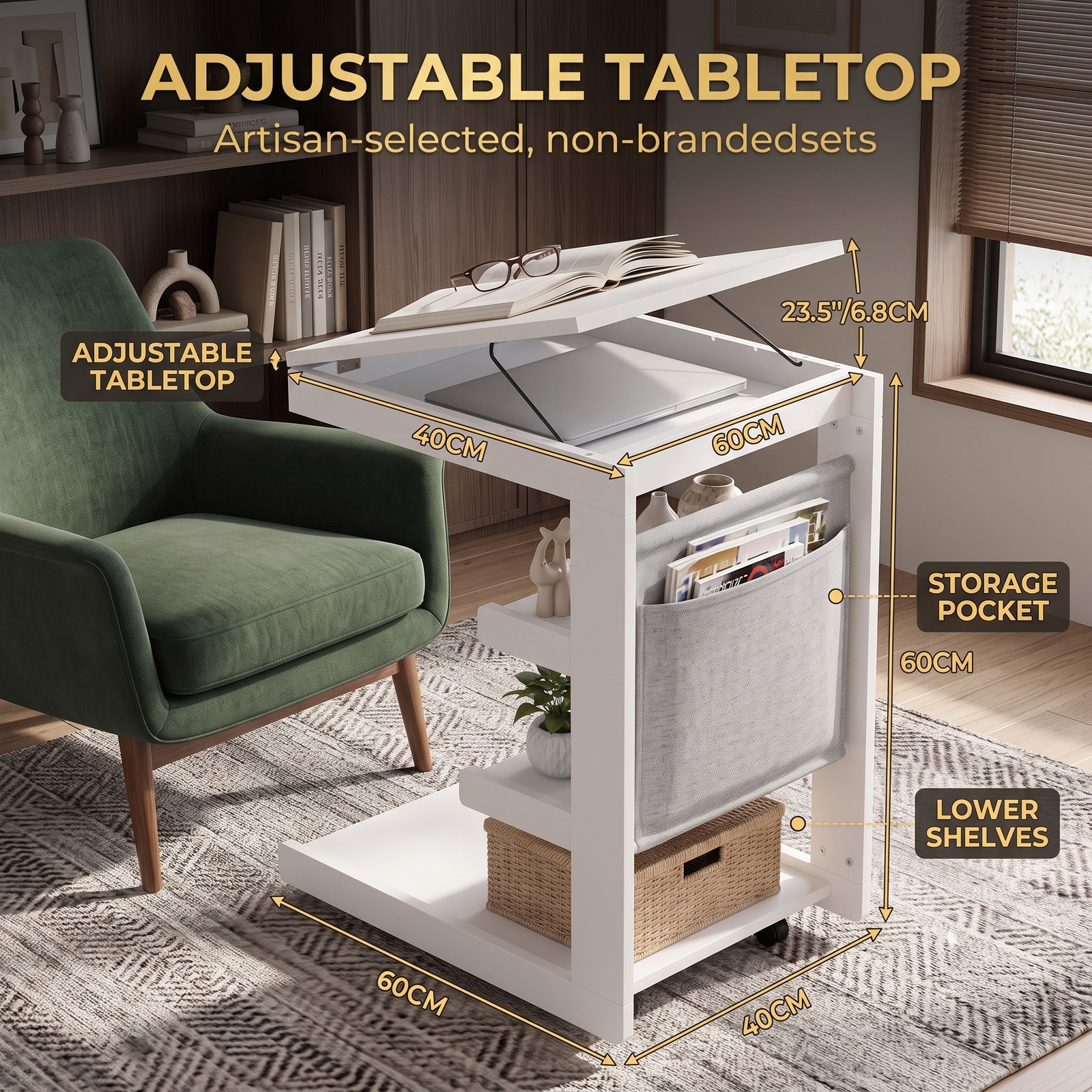 Furnibear C Shaped End Table with Wheels and Adjustable Desktop, Mobile Sofa Side Table with Hidden Compartment and 3 Storage Shelves for Bedside Couch Living, White