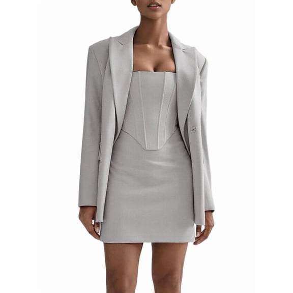 Women'S Casual 3-Piece Suit Set Blazer Jacket Sleeveless Tank Top with Short Skirt Office Wear Cream White L
