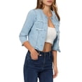 thumbnail image 4 of INSPIRE CHIC Veste Courte en Denim pour Femme à Col Rond Manches 3/4 Veste en Jean Décontractée Effilochée Bleu Pâle TG, 4 of 5