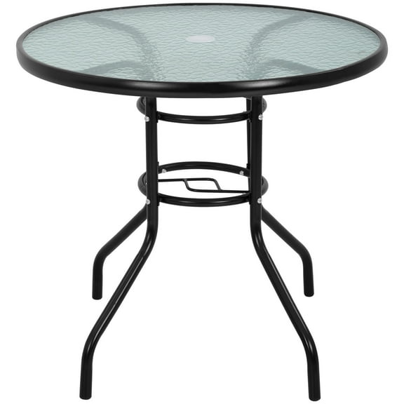 32" Patio Table Round Bistro Table Outdoor Garden Table Patio Coffee Table with Tempered Glass Top and Umbrella Hole Patio Glass Side Table for Backyard Lawn Balcony Pool, Black