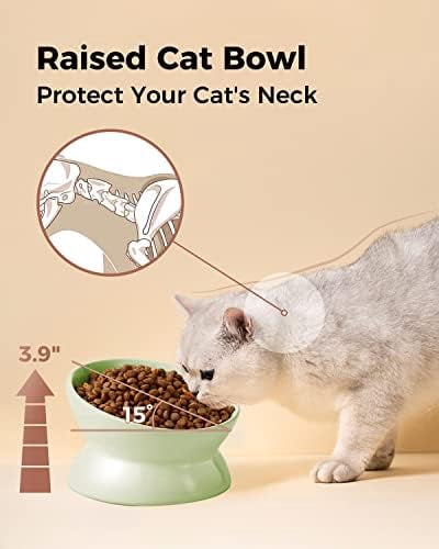 Elevated Cat Food Bowl, 5 Oz Ceramic Raised and Tilted Water Bowl, Anti Vomiting and Protect Pets' Spines Dishes for Small Dog, Fat Faced Cat, Kitten (Green, 1 Pack)