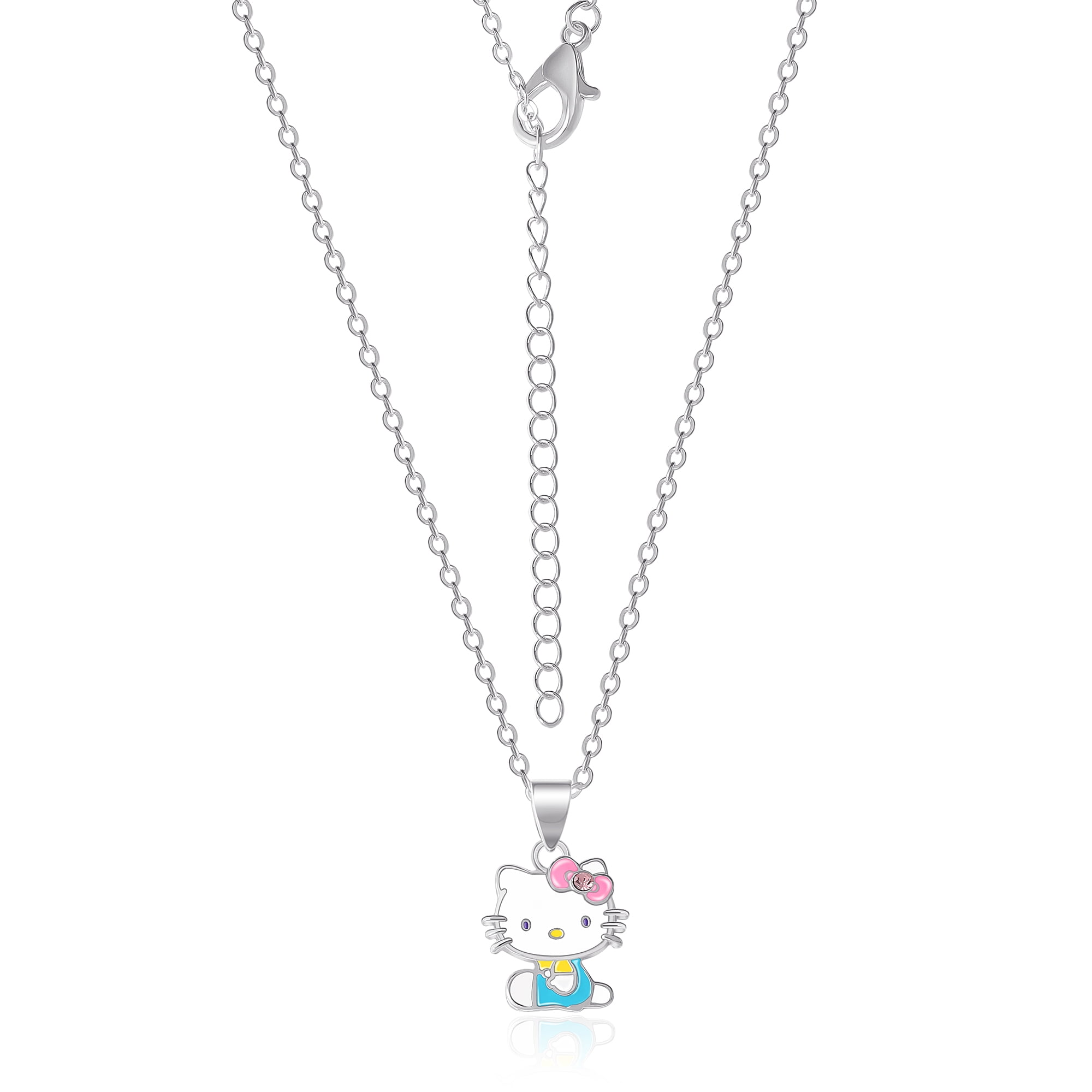 Sanrio Hello Kitty Brass Silver Plated Enamel Seated Necklace - 18'' Chain, Officially Licensed