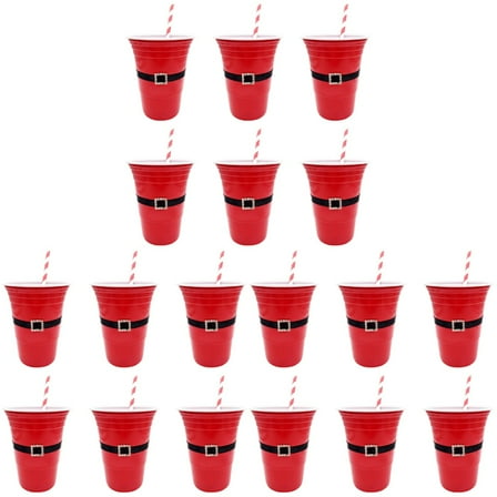 BERTDOMD 36 pcs Christmas Plastic Cups Santa Belt Pattern Home Beverage Drinking Cup Holiday Party Tableware and Party Supplies (Cups and Straw, 6pcs for Each)