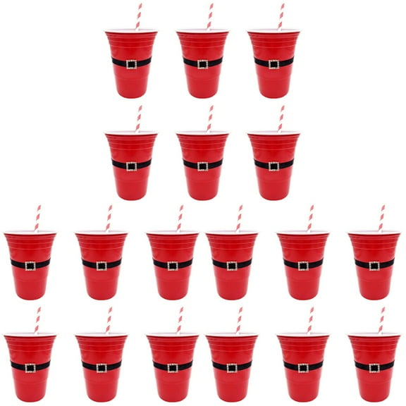 BERTDOMD 36 pcs Christmas Plastic Cups Santa Belt Pattern Home Beverage Drinking Cup Holiday Party Tableware and Party Supplies (Cups and Straw, 6pcs for Each)
