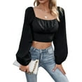 thumbnail image 3 of Women'S Ruched Wrap Square Neck Flounce Long Sleeve Crop Top Blouse Black M, 3 of 9