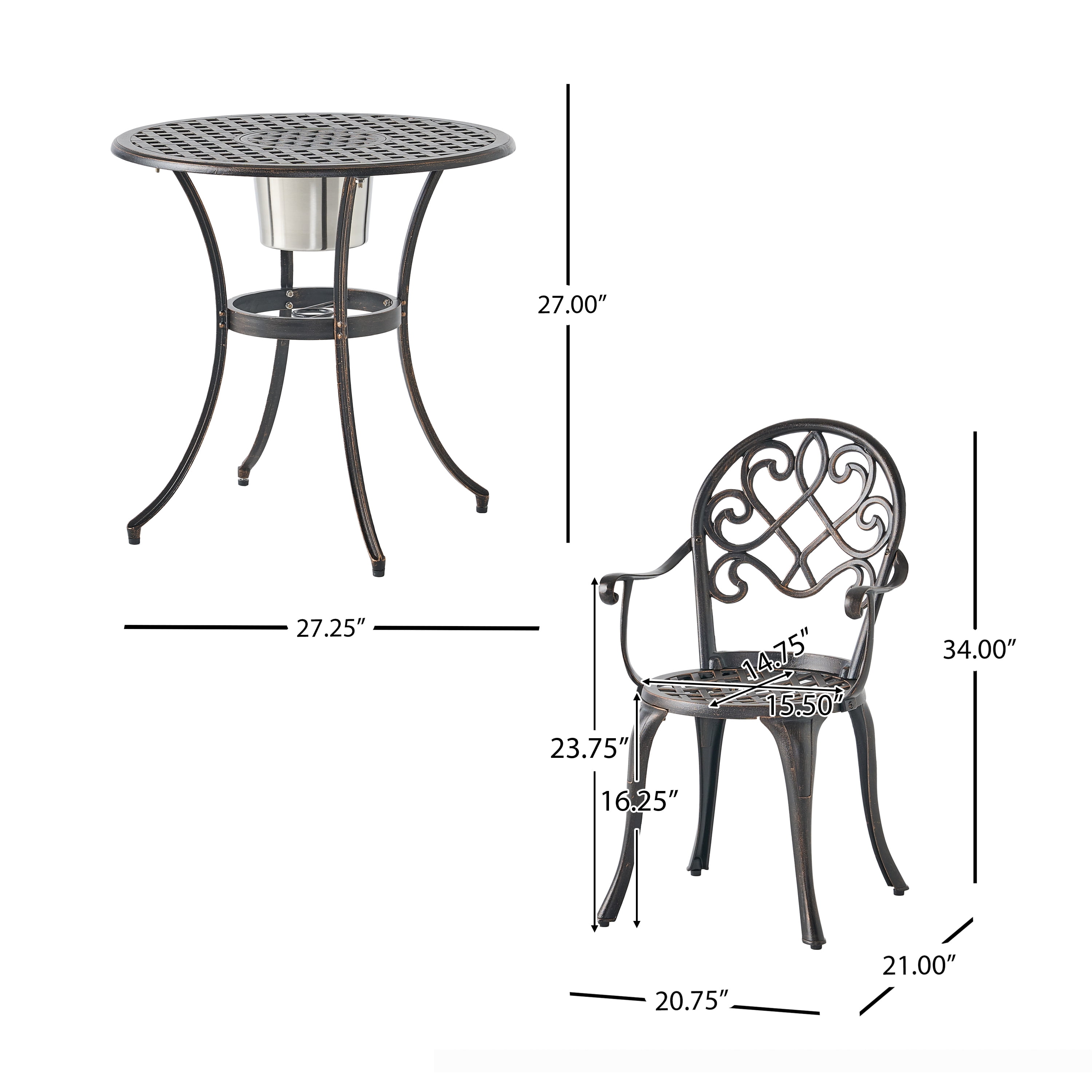 Outdoor 3 Piece Cast Metal Leisure Bistro Set with Ice Bucket, Multi Function Combined Furniture for Patio Garden, Copper