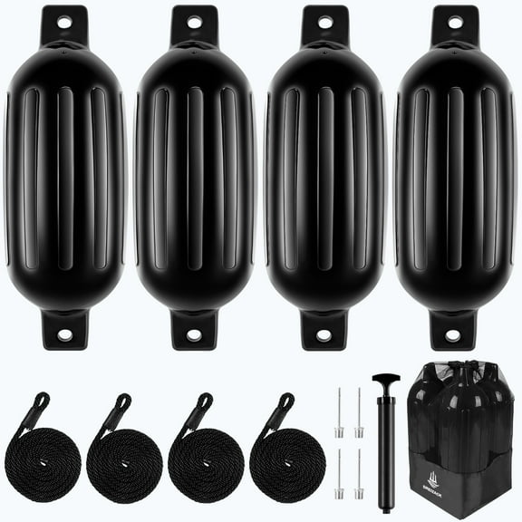 FAIZHI Boat Fenders 4 Pack, Boat Bumpers Fenders with 4 Ropes, Inflatable Ribbed Marine Boat Bumpers for Pontoon Boat Fenders Inflatable, Black