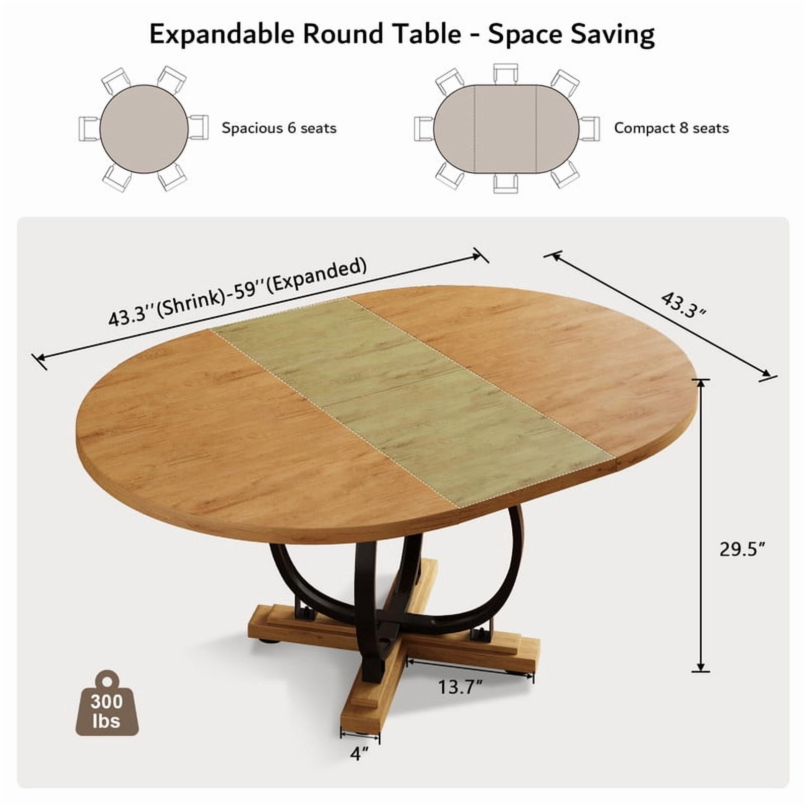 iPormis 59'' Extendable Round Dining Table for 4 to 8, Kitchen Table with Sturdy X-Base Metal Legs, MDF Board , Space Saving, Easy Assembly,Oak