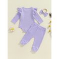 thumbnail image 6 of Elippeo 3-Piece Baby Girls Ribbed Set Letter Print Long Sleeve Round Neck Ruffled Romper Long Trousers Hair Band Adorable Outfits 3 6 9 12 Months, 6 of 9