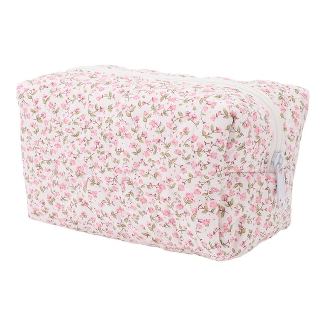 Bolsita de maquillaje portátil para mujeres con patrón de flores, ideal para viajes y vacaciones, de algodón en color rosa