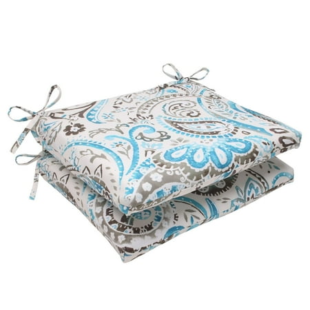 Set of 2 Turquoise & Gray Paisley Swirl Outdoor Square Chair Cushions 18.5