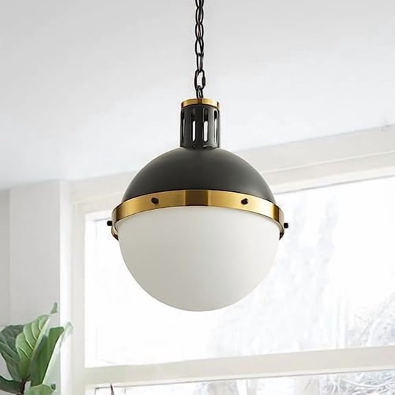 Modern Kitchen Island Pendant Light Fixtures 1-Light 13 inch Black Finish White Glass Pendant Lighting Industrial Rustic Globe Hanging Ceiling Light for Entryway Dining Room E26