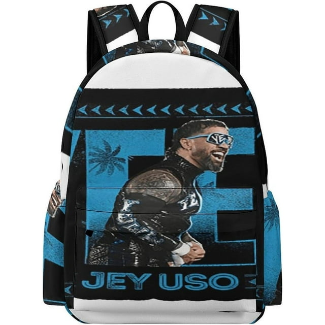 Jey USO Fitness Bag, a polyester adult backpack with a bold graphic design featuring blue and black accents and a central figure. The multipurpose knapsack includes adjustable, widened shoulder straps for comfort and measures 15.7x11.4x7.8 inches. Ideal for work, travel, shopping, and outdoor activities.