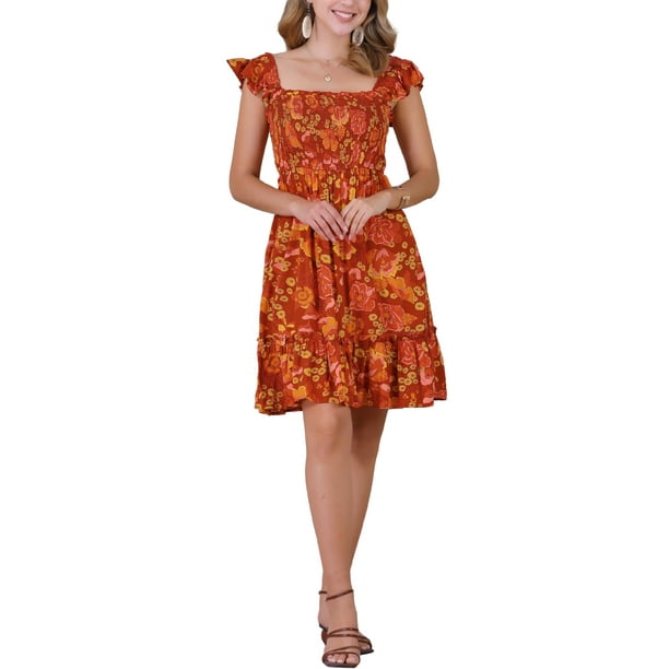 Vestido Floral con Smock Inspire Chic para Mujer, Sin Mangas, Cuello Cuadrado, con Volantes, Color Rojo Naranja