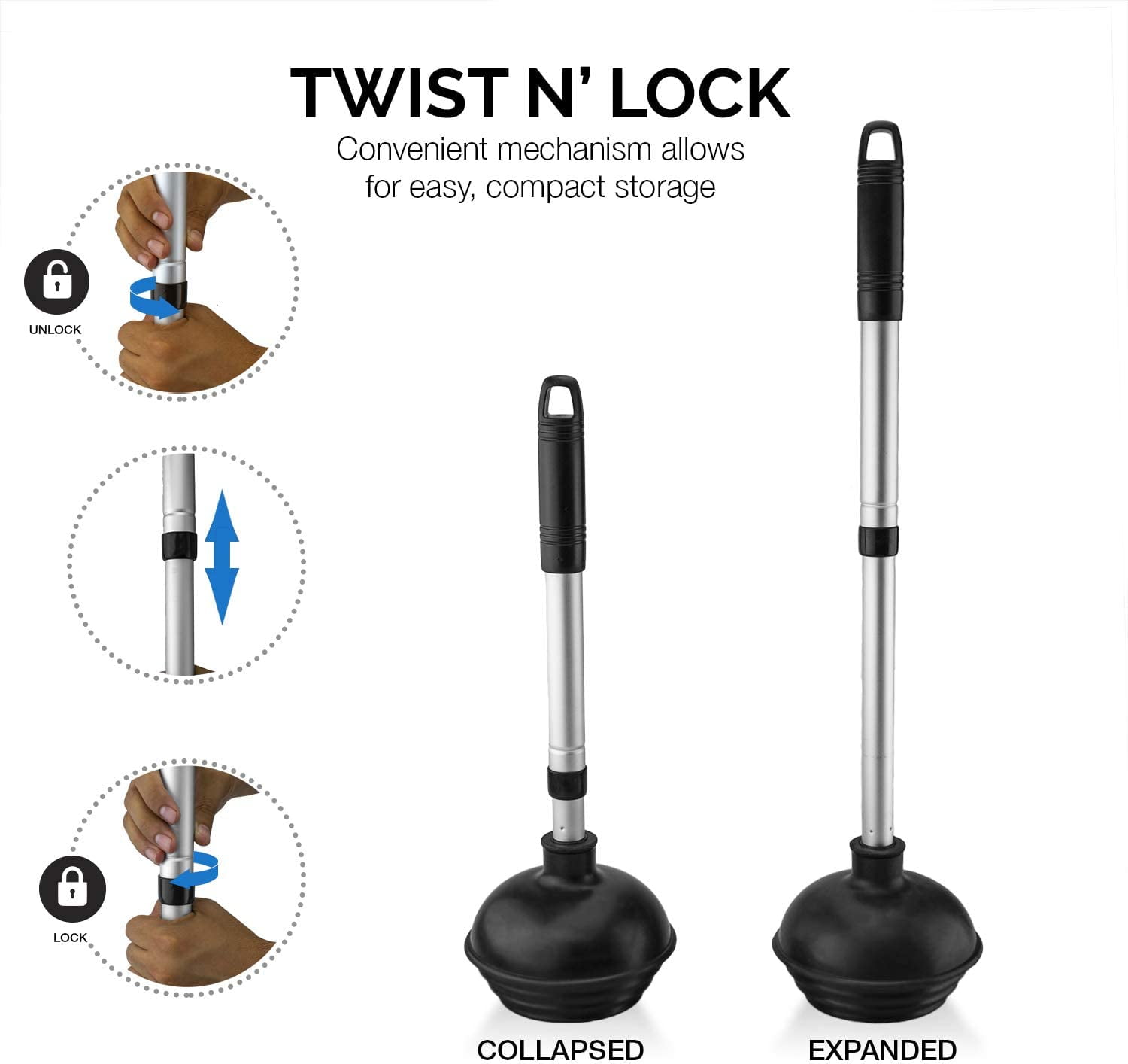 NEIKO 60168A Toilet Plunger Set, 4 Piece, Bonus Mini Sink & Drain Plunger, Toilet Bowl Brush & Caddy, Patented All-Angle Design, Telescopic Aluminum Handle, Bathroom Toilet Brush and Plunger Set