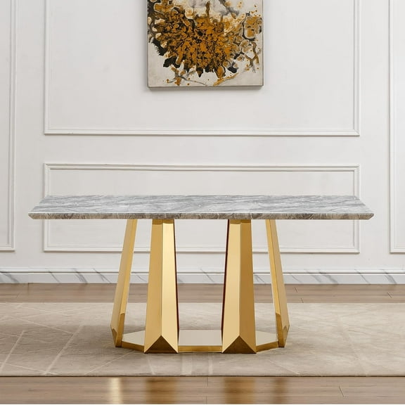 Modern Dining Table 70" Rectangular Kitchen Table with Imitation Marble Grain MDF Wooden Top & Iniregular Gold Base,Faux Marble Dinner Furniture for Kitchen Dining Room/Meeting Room