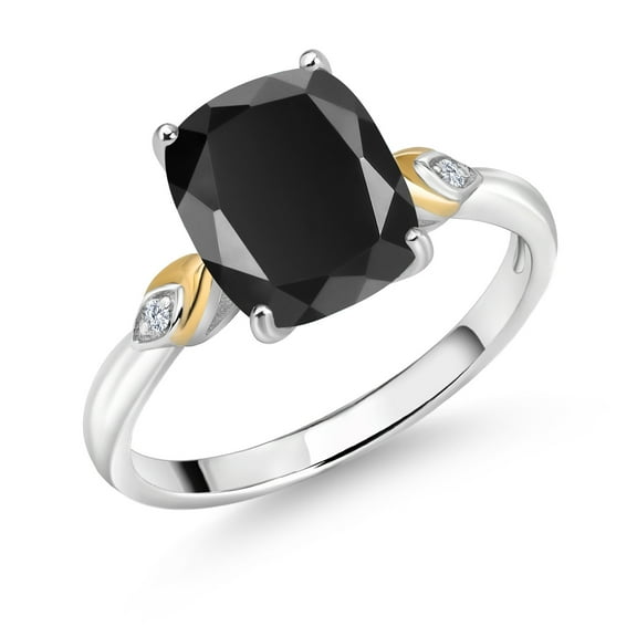 Gem Stone King 925 Silver and 10K Yellow Gold Black Onyx and White Moissanite Engagement Ring for Women | 2.75 Cttw | Cushion 10X8MM | Gemstone December Birthstone | Size 5