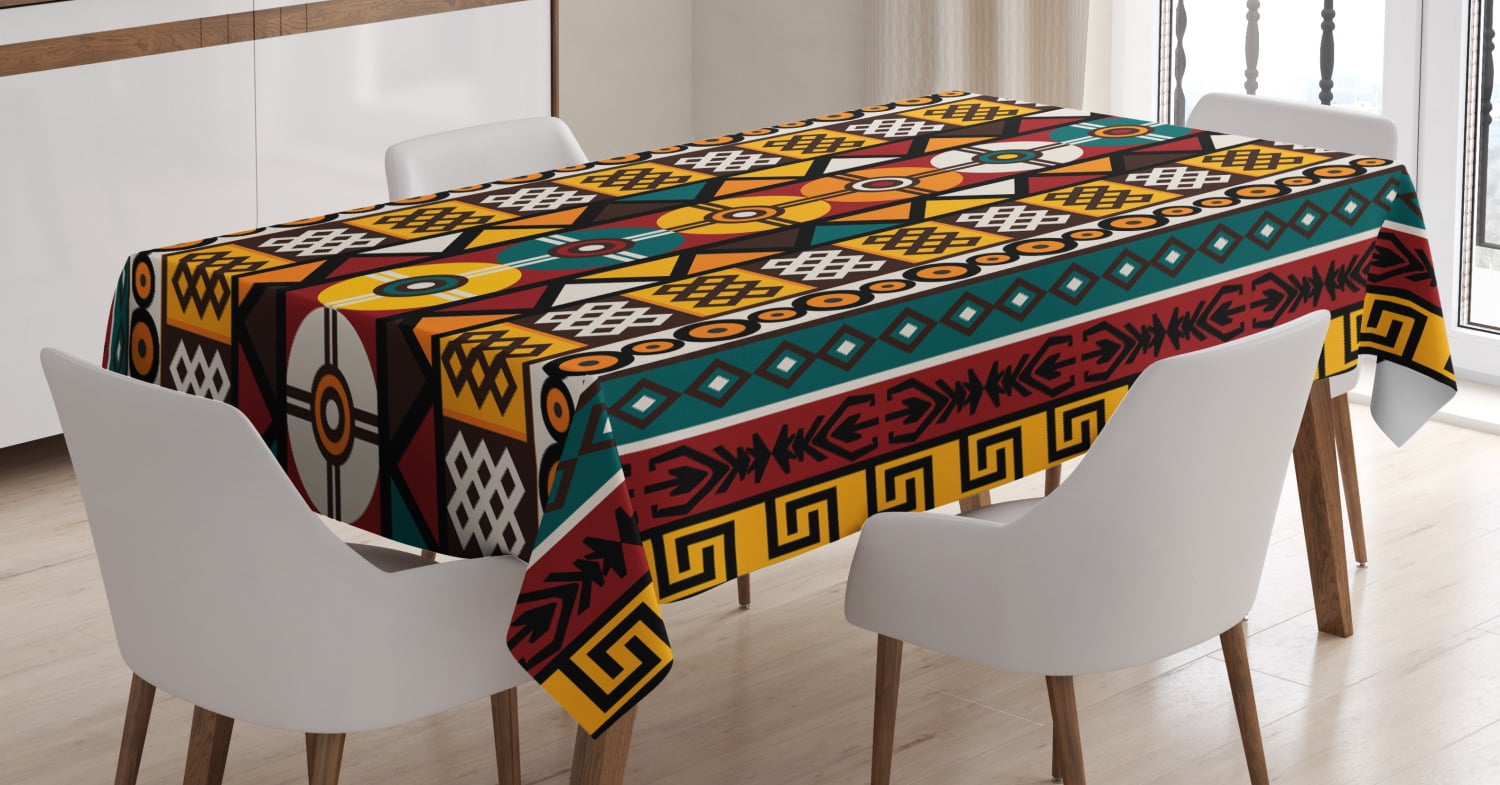 Kente Pattern Tablecloth, Vertical Borders Inspired by Timeless African Cultures Geometrical