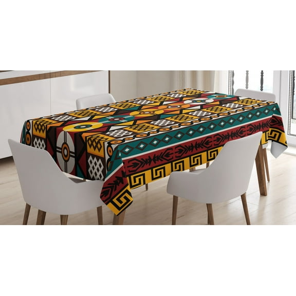 Ambesonne Kente Pattern Tablecloth Rectangular Table Cover, Prehistoric Borders, 60"x90", Multicolor