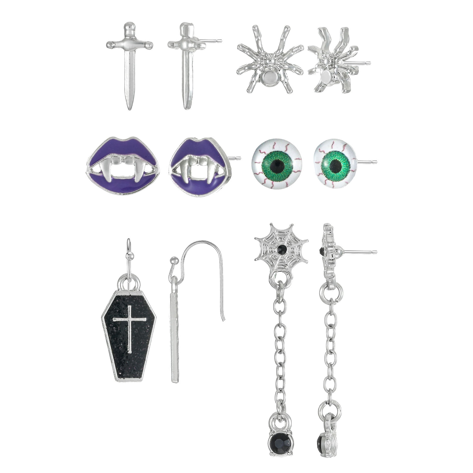 Way to Celebrate Haunted Icons Halloween Silver Earring Set, 6 Pairs