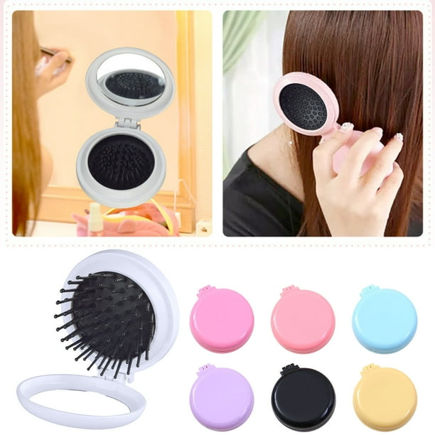 Fiudx Ofertas Flash Del Día Un Romántico Cepillo De Pelo Plegable De Color Macarrón Con Espejo, Cepillo De Pelo Redondo Portátil Plegable De Bolsillo Mini Peine De Masaje Para El Cabello Tamaño De Vi