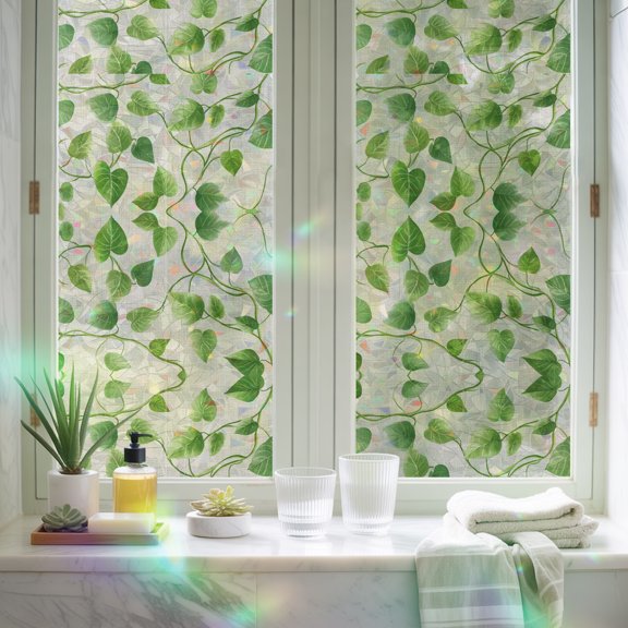 Watercolor Green Leaves Window Privacy Film,Decorative Windows Static Cling Retro Plant on Linen Heat Control Removable Glass Sticker for Home Bathroom Bedroom Window Door,29.5x78.7in