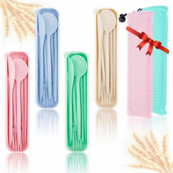MAILINI 4 Sets Reusable Travel Utensil Set with 2 Pcs Tableware Storage Bag, Portable Knife Fork Spoon Chopsticks Flatware Set for Office School Travel Picnic Camping
